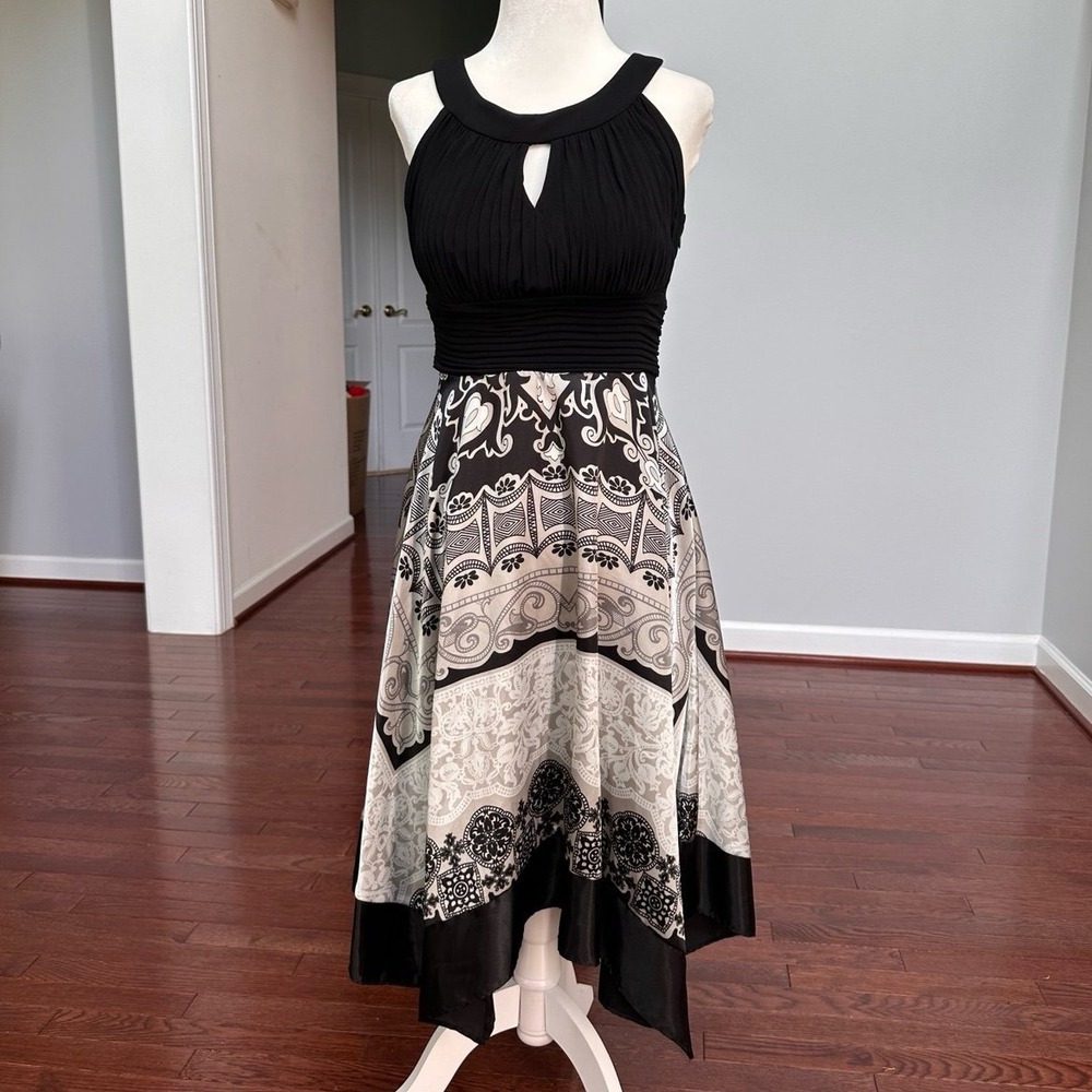 Signature by Sangria Black Grey White Asymmetrical Keyhole Unique Cocktail Dress